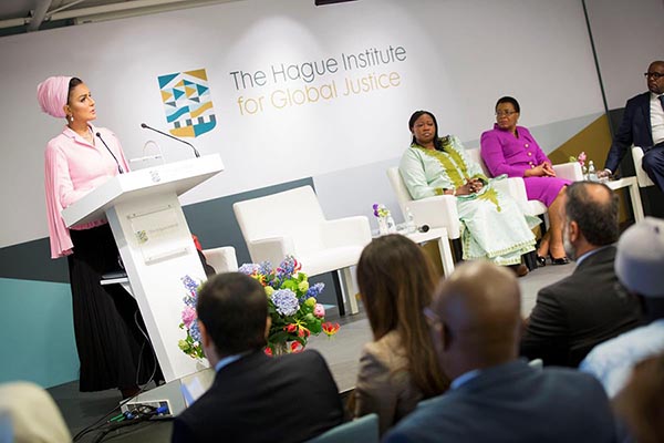 Her Highness Sheikha Moza addressing attendees at the Law, Education and the SDGs seminar at The Hague Institute for Global Justice