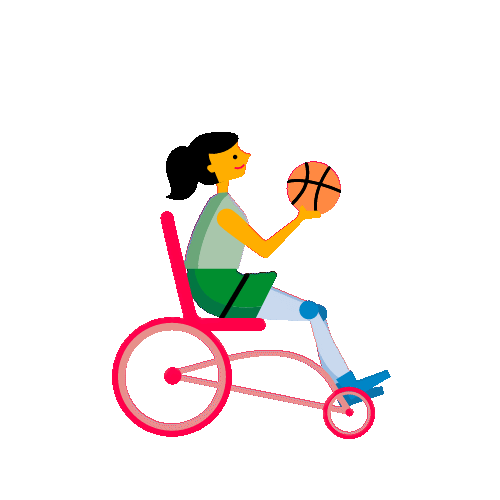 Animated girl in a wheelchair throwing and catching a basketball.
